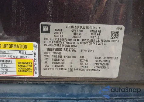 2015 Chevrolet Traverse 1Lt z USA, uszkodzony, nr VIN 1GNKVGKD1FJ347267